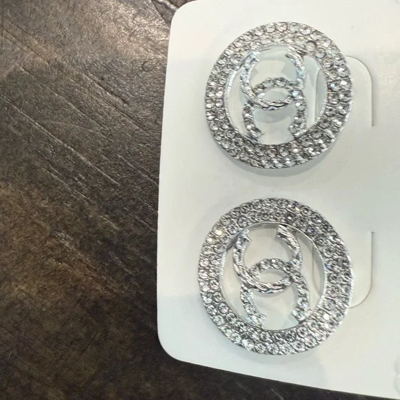 CHANEL Silver Crystal Logo Earrings - Picture 3 of 4